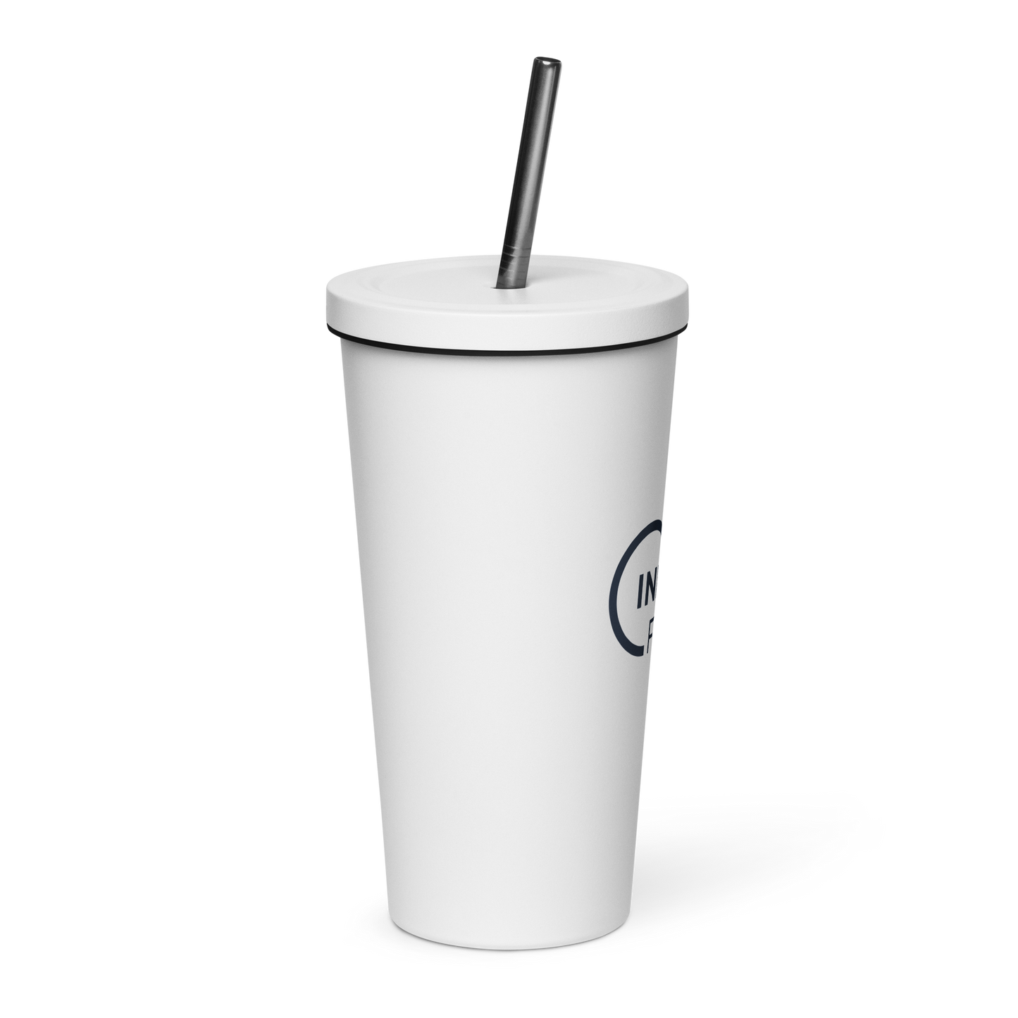 Insulated tumbler with a straw (Navy Lettering)