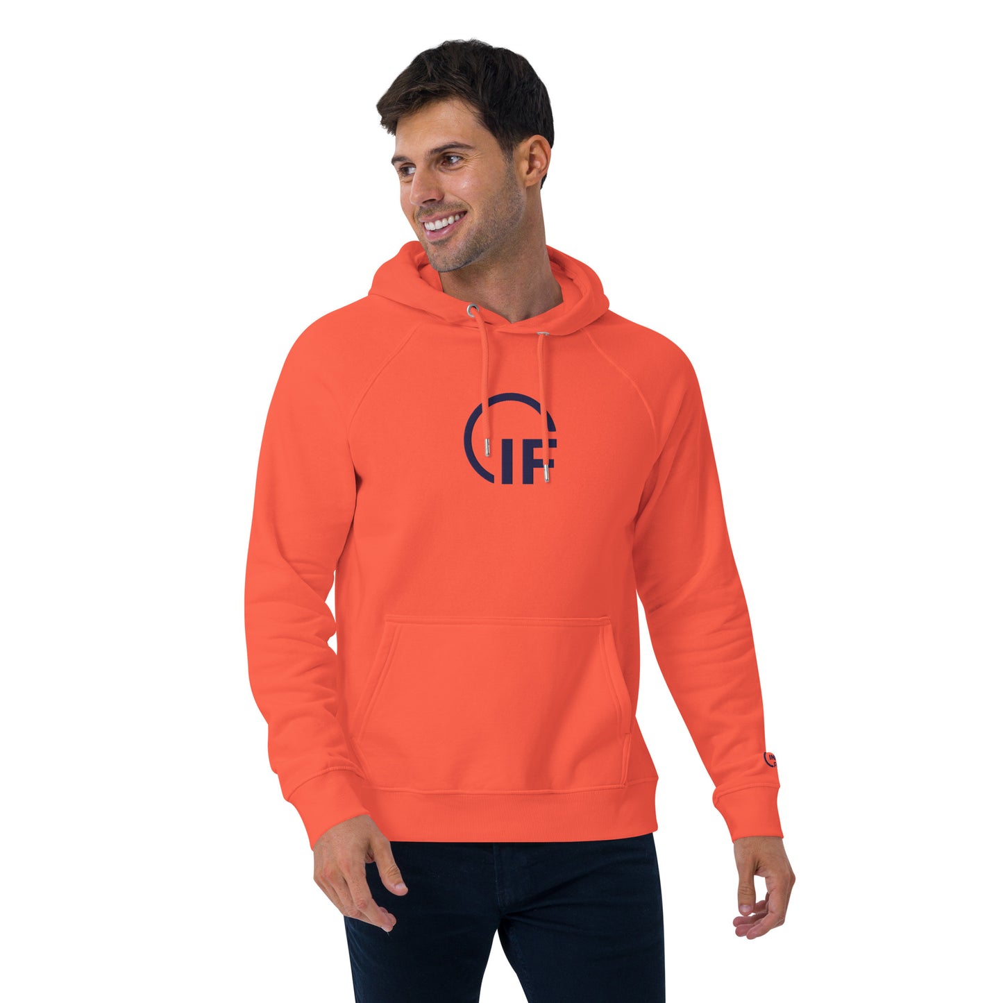 Embroidered Unisex eco raglan hoodie (Large Embroidered IF Chest Logo - Navy Thread)