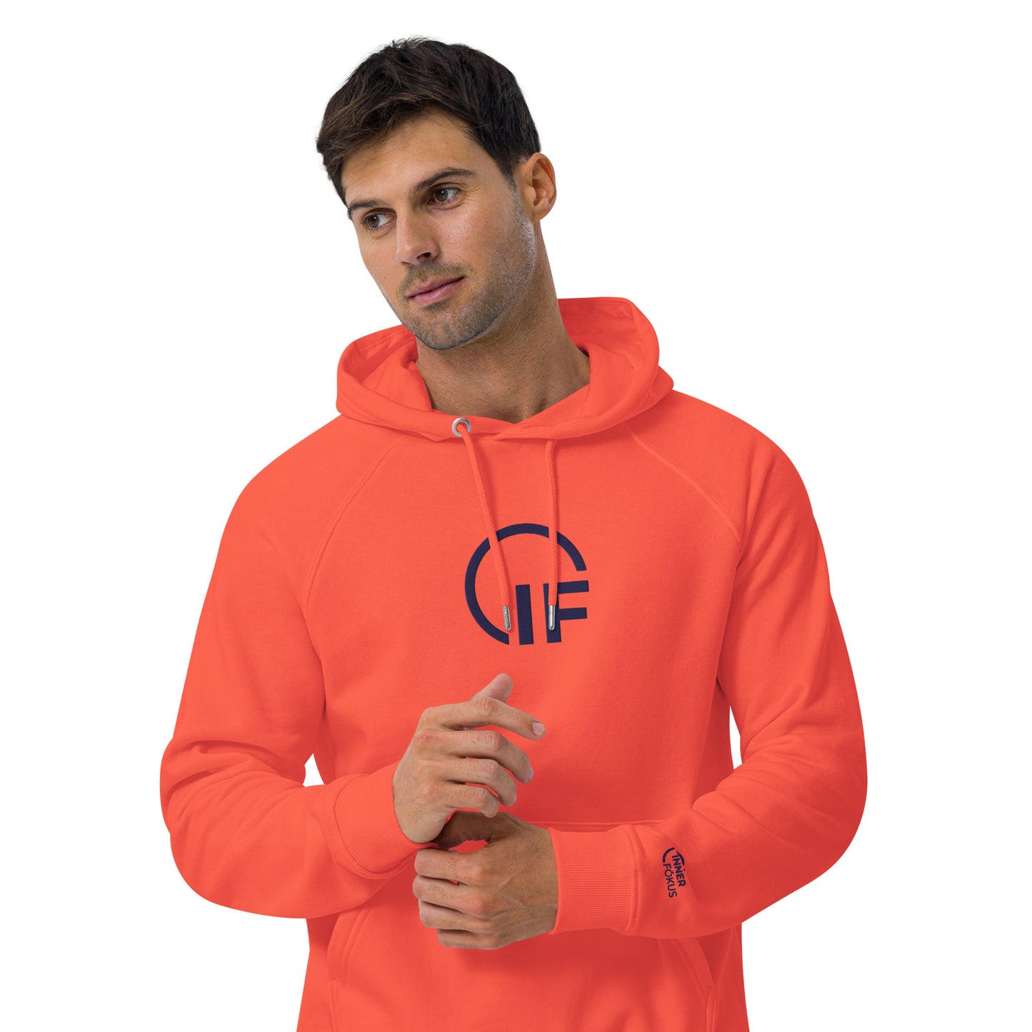 Embroidered Unisex eco raglan hoodie (Large Embroidered IF Chest Logo - Navy Thread)