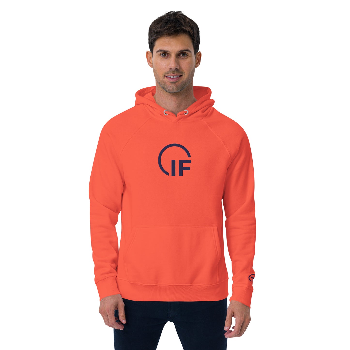 Embroidered Unisex eco raglan hoodie (Large Embroidered IF Chest Logo - Navy Thread)
