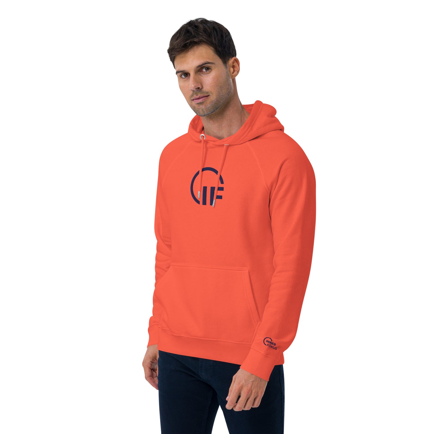 Embroidered Unisex eco raglan hoodie (Large Embroidered IF Chest Logo - Navy Thread)