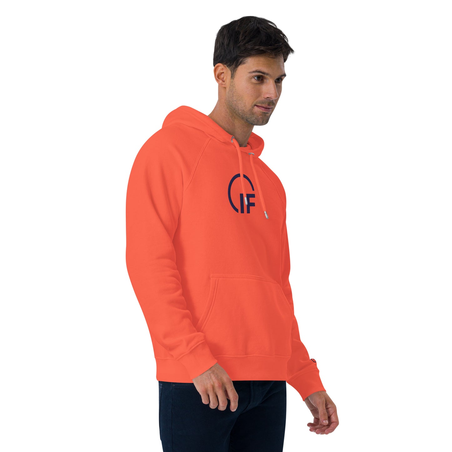 Embroidered Unisex eco raglan hoodie (Large Embroidered IF Chest Logo - Navy Thread)