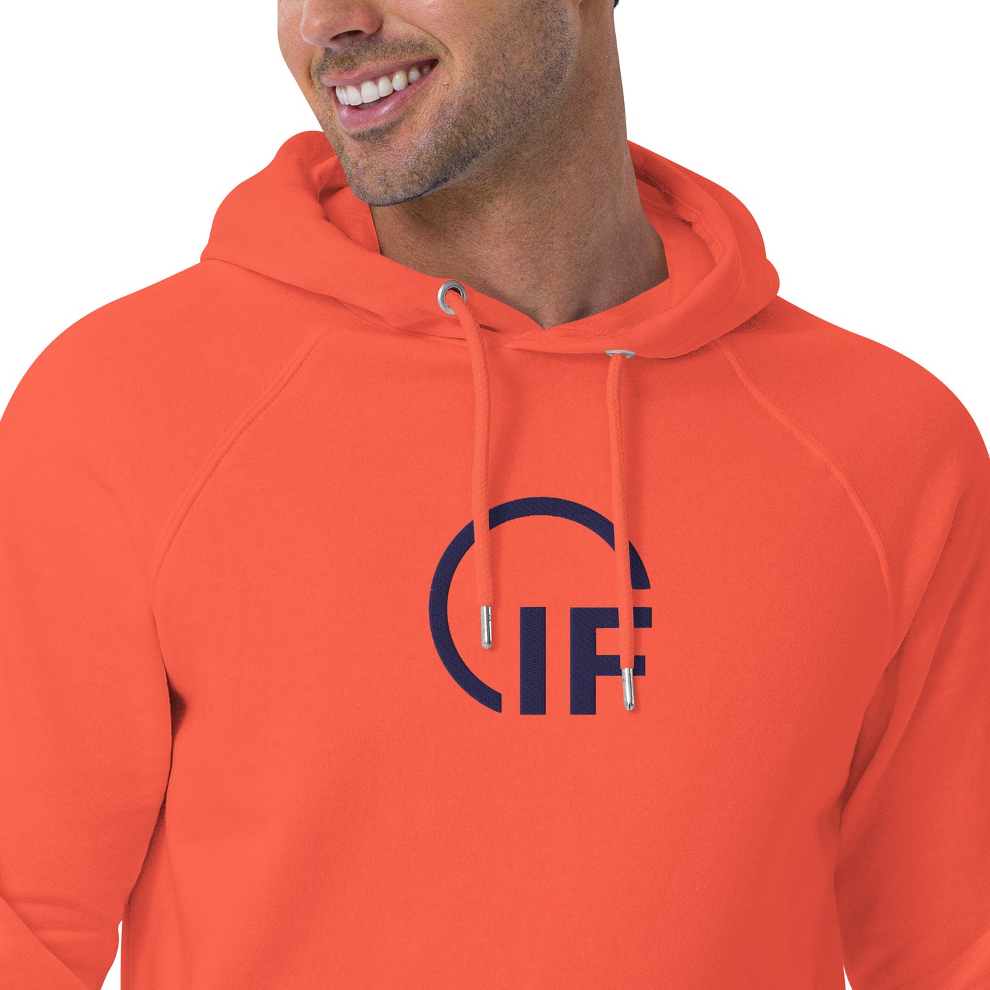 Embroidered Unisex eco raglan hoodie (Large Embroidered IF Chest Logo - Navy Thread)