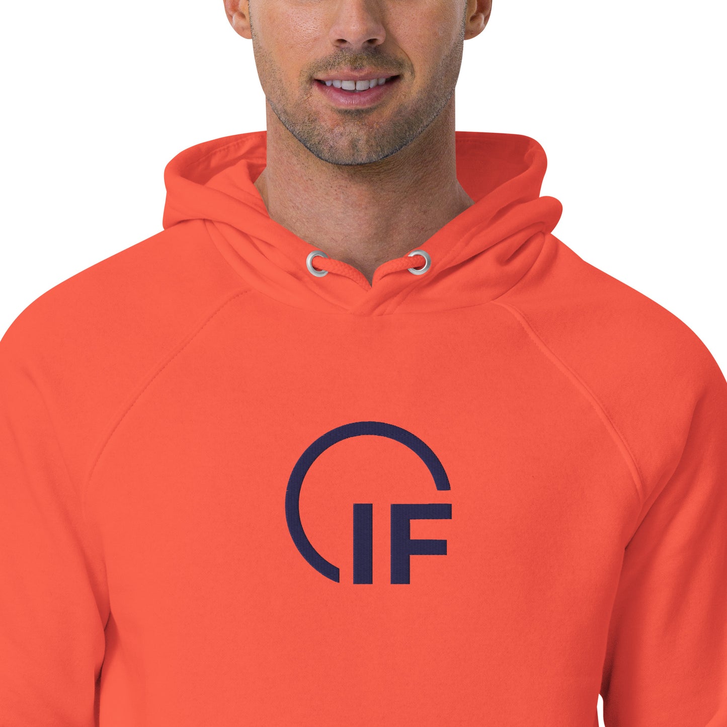 Embroidered Unisex eco raglan hoodie (Large Embroidered IF Chest Logo - Navy Thread)