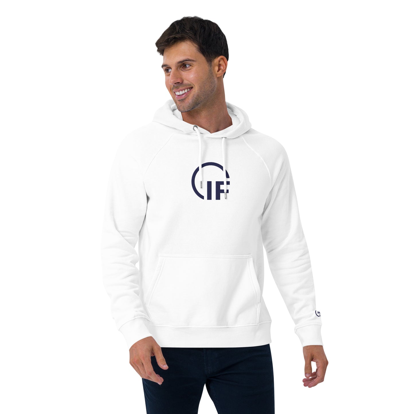 Embroidered Unisex eco raglan hoodie (Large Embroidered IF Chest Logo - Navy Thread)