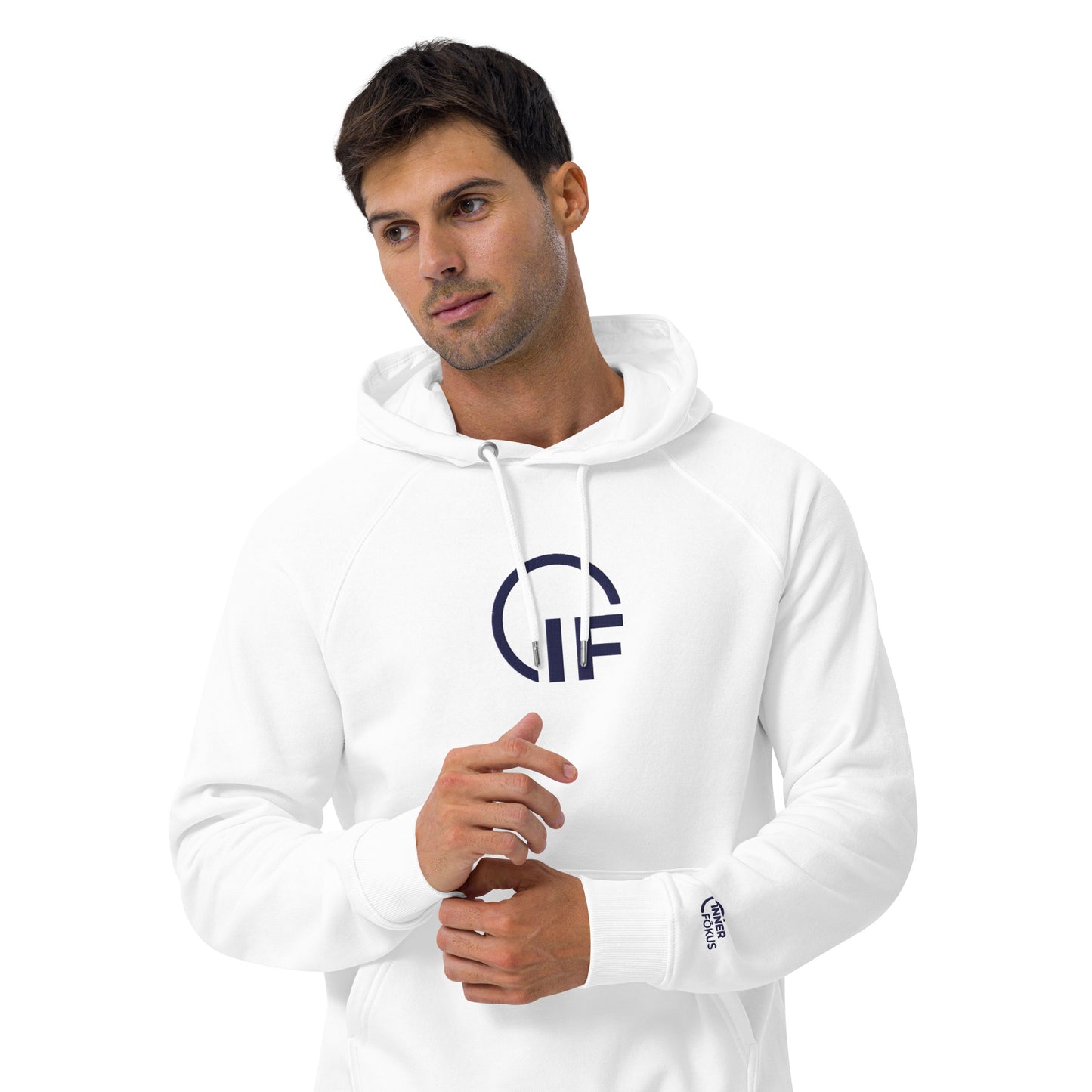 Embroidered Unisex eco raglan hoodie (Large Embroidered IF Chest Logo - Navy Thread)