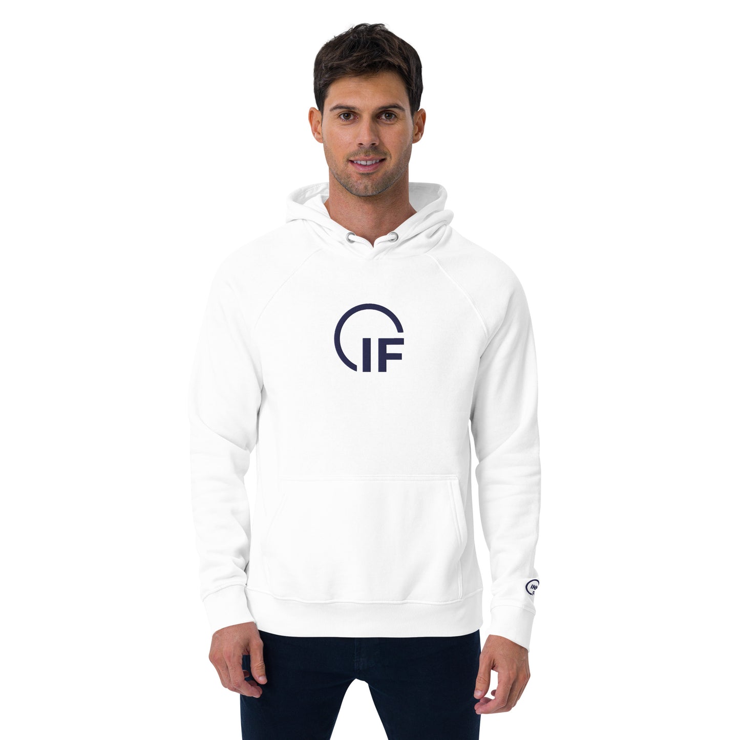 Embroidered Unisex eco raglan hoodie (Large Embroidered IF Chest Logo - Navy Thread)