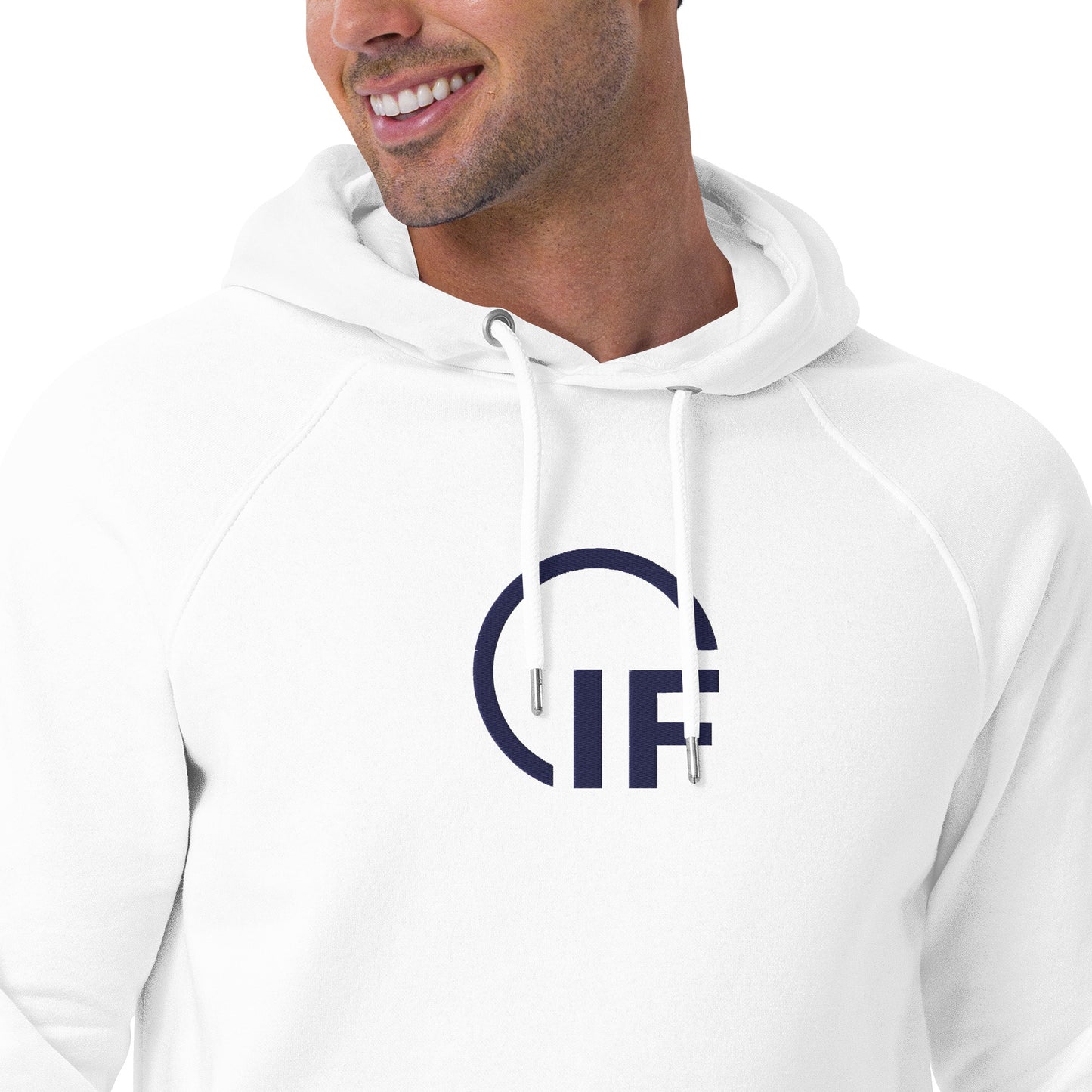 Embroidered Unisex eco raglan hoodie (Large Embroidered IF Chest Logo - Navy Thread)