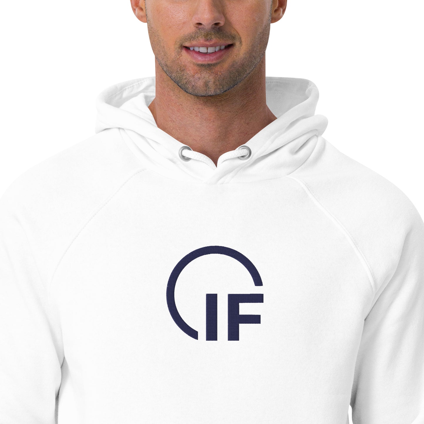 Embroidered Unisex eco raglan hoodie (Large Embroidered IF Chest Logo - Navy Thread)