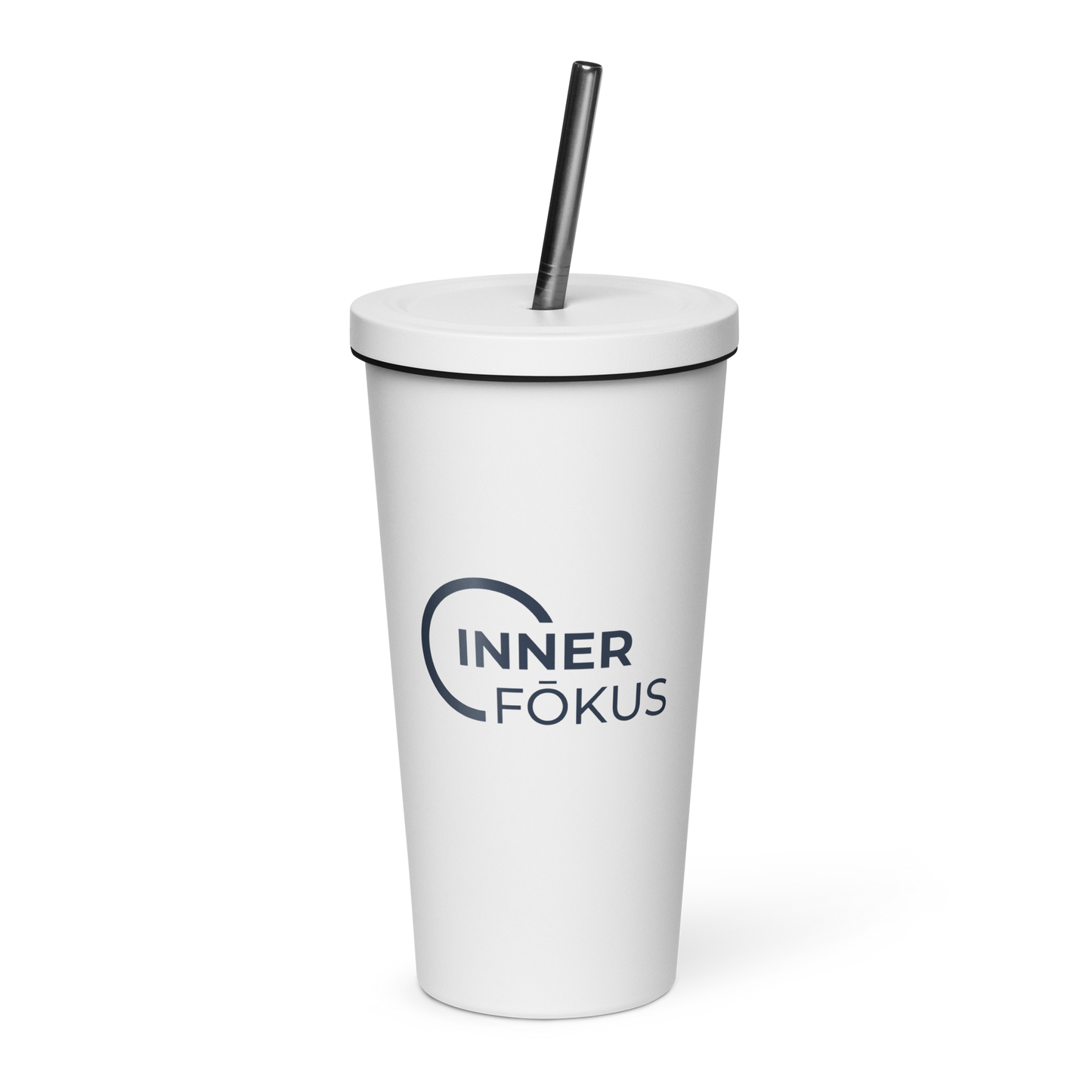 Insulated tumbler with a straw (Navy Lettering)