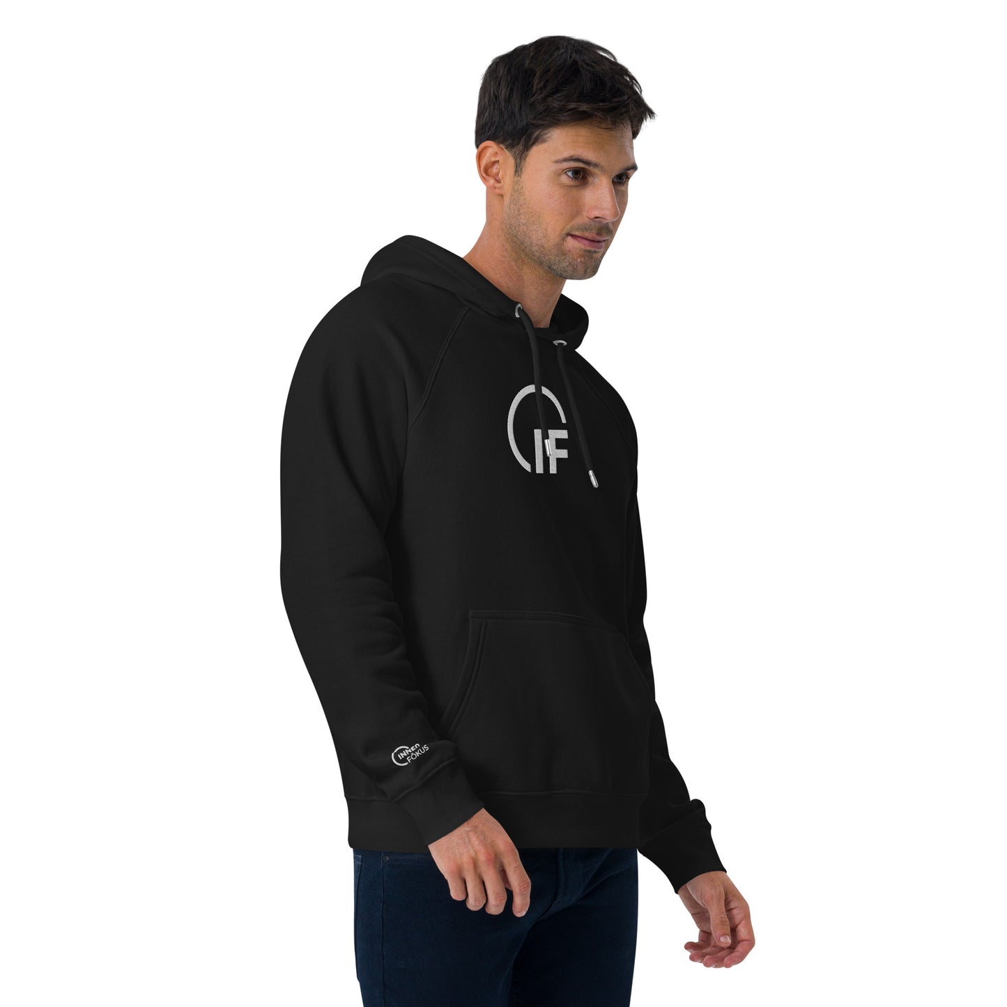 Unisex eco raglan hoodie  (Large Embroidered IF Chest Logo - White Thread)