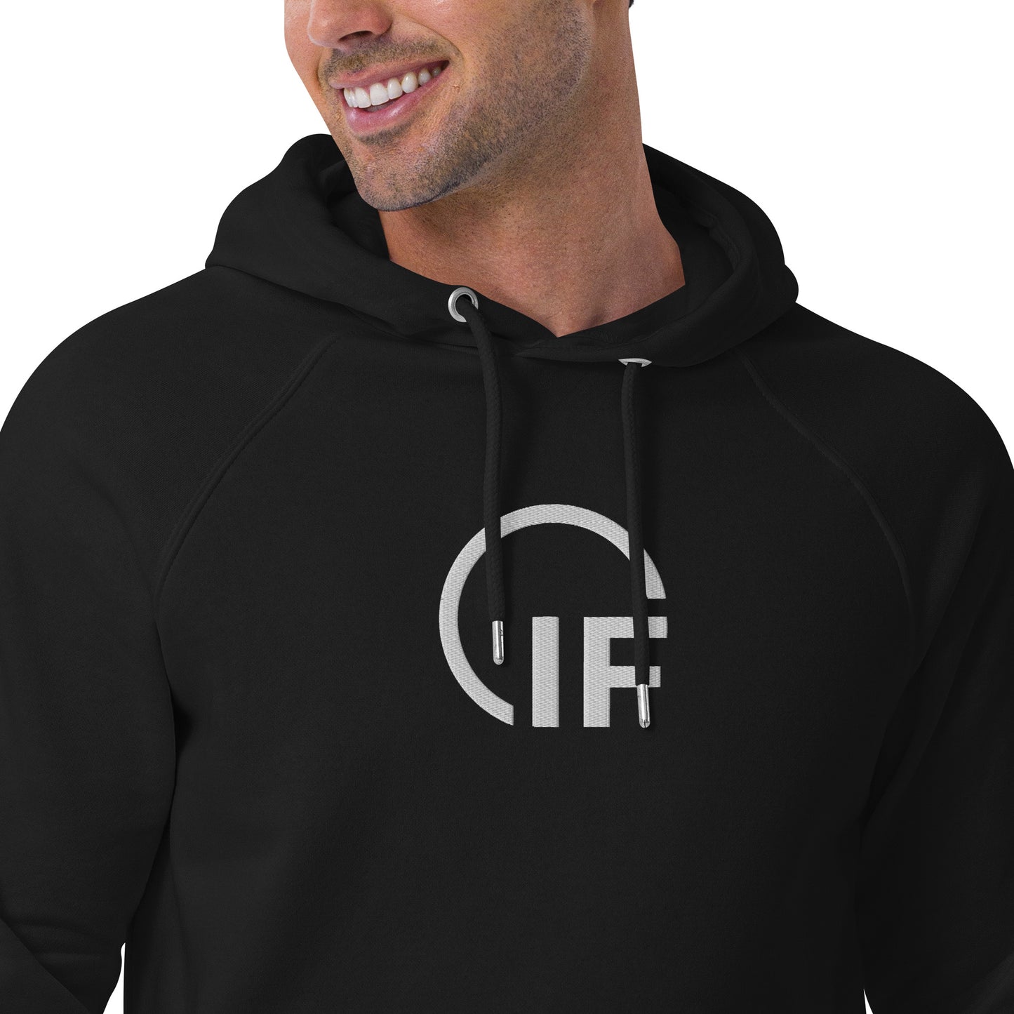 Unisex eco raglan hoodie  (Large Embroidered IF Chest Logo - White Thread)
