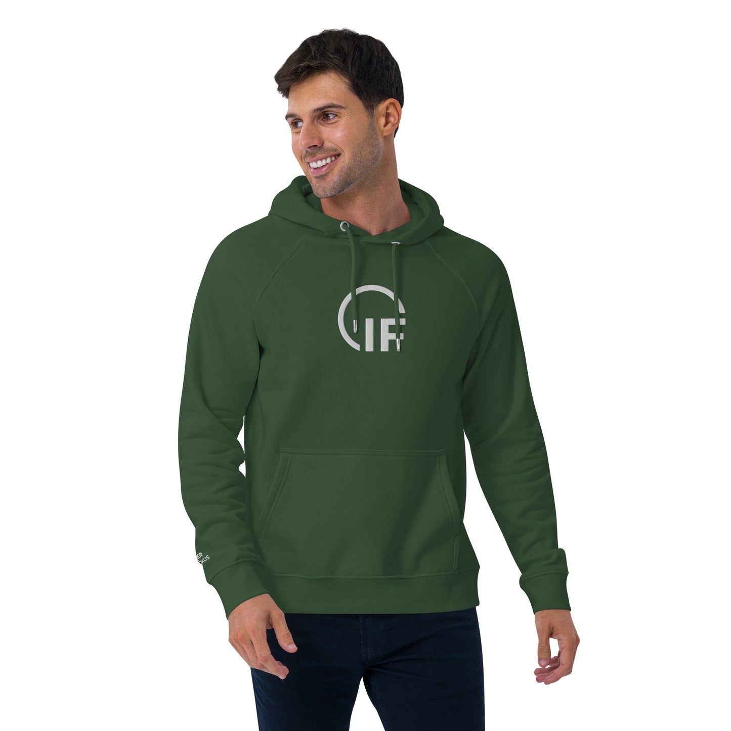 Unisex eco raglan hoodie  (Large Embroidered IF Chest Logo - White Thread)