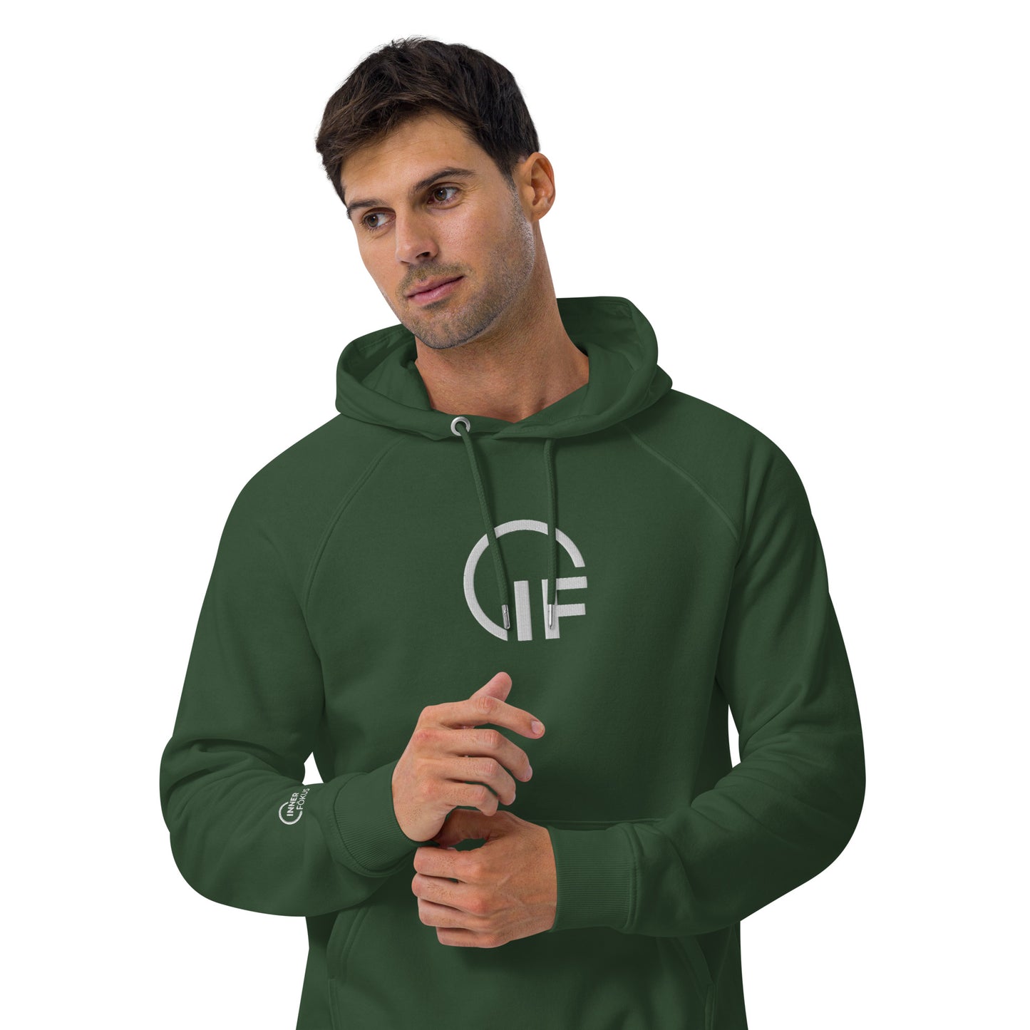 Unisex eco raglan hoodie  (Large Embroidered IF Chest Logo - White Thread)