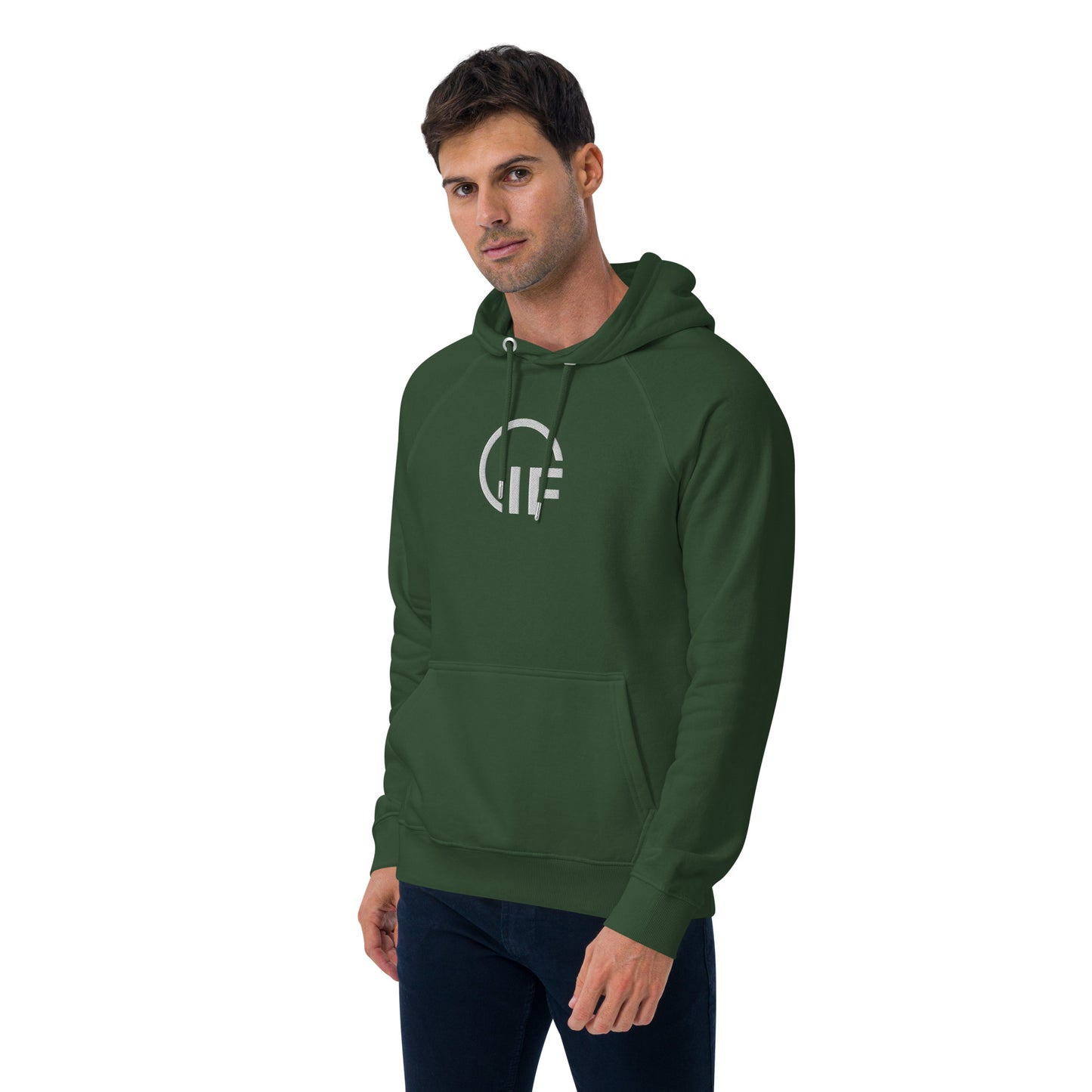 Unisex eco raglan hoodie  (Large Embroidered IF Chest Logo - White Thread)