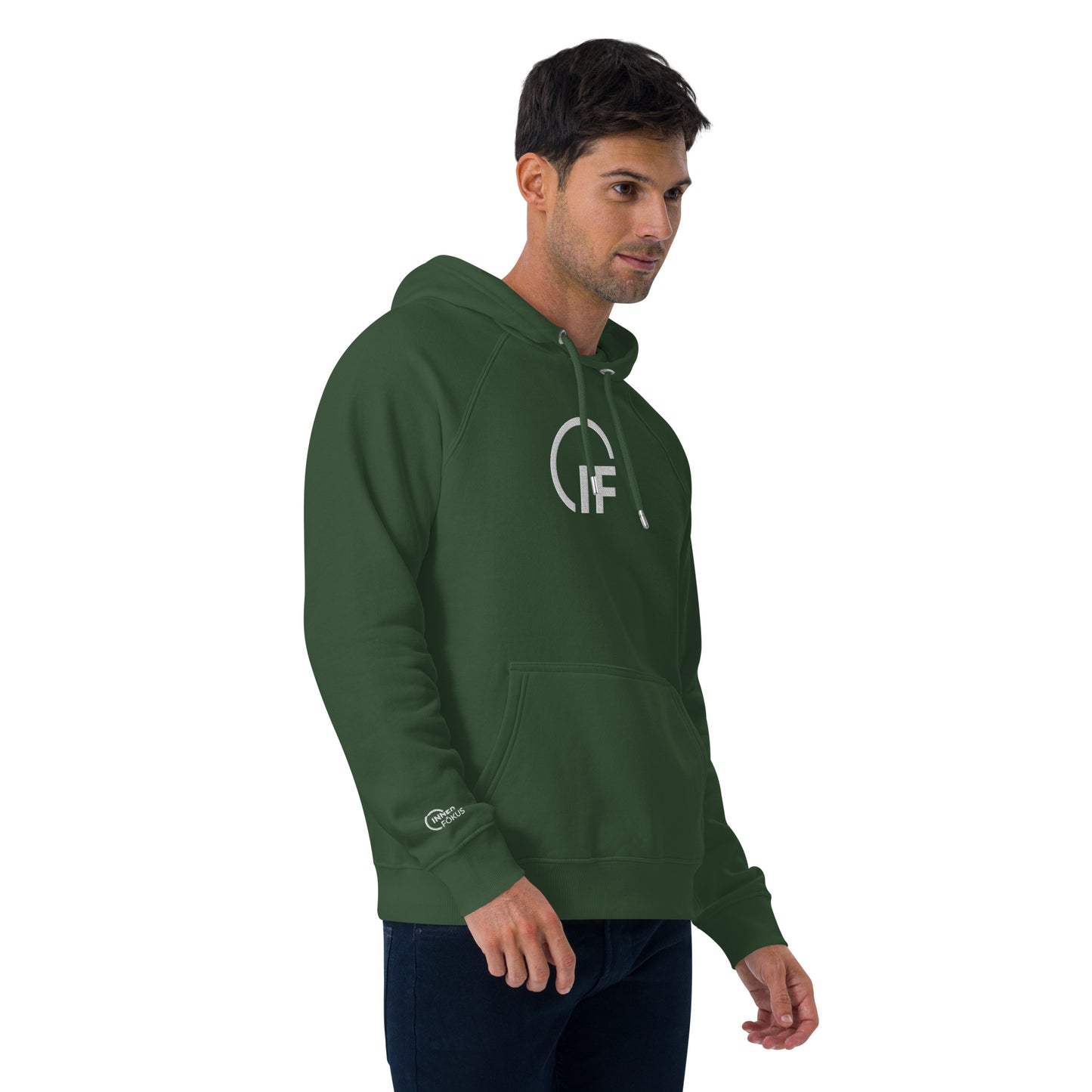 Unisex eco raglan hoodie  (Large Embroidered IF Chest Logo - White Thread)