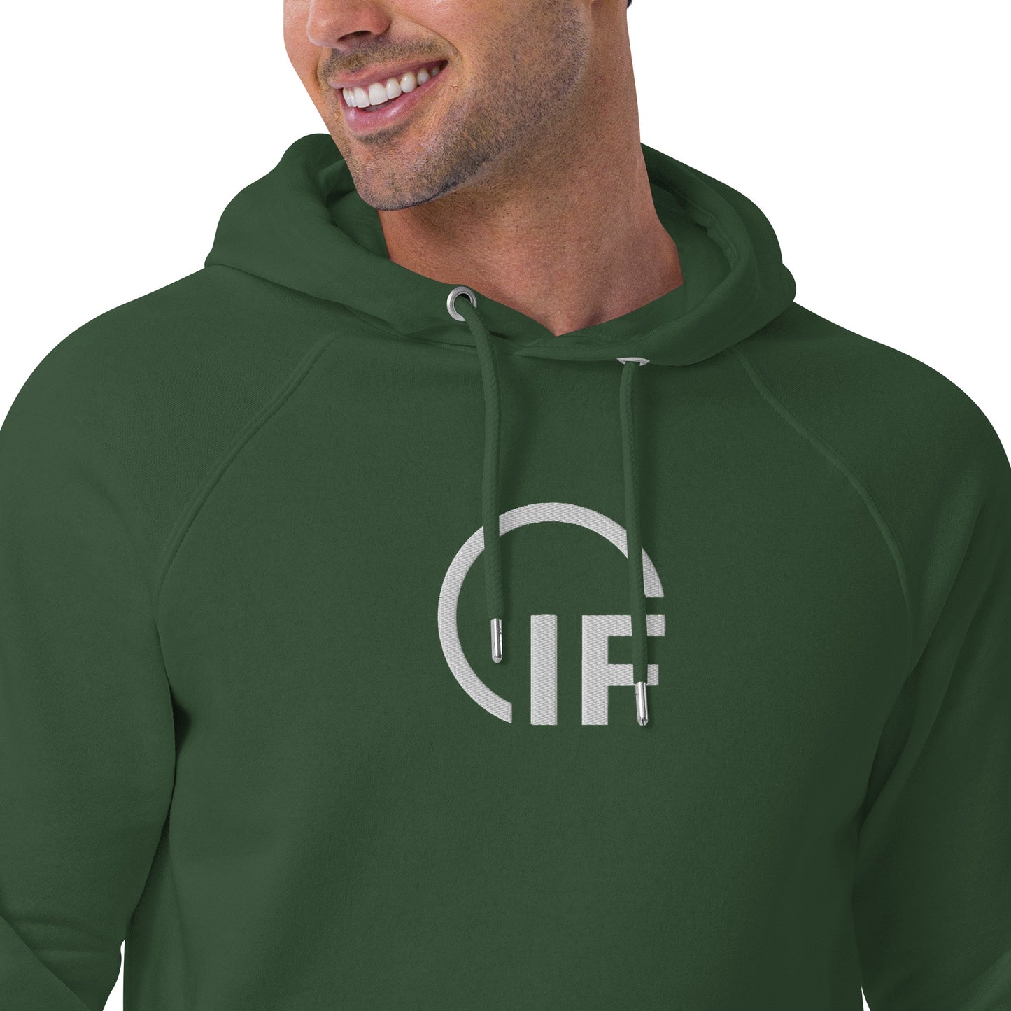Unisex eco raglan hoodie  (Large Embroidered IF Chest Logo - White Thread)