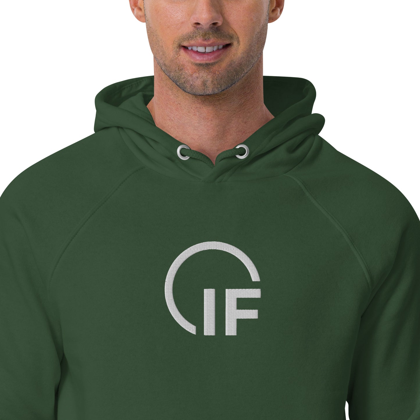 Unisex eco raglan hoodie  (Large Embroidered IF Chest Logo - White Thread)