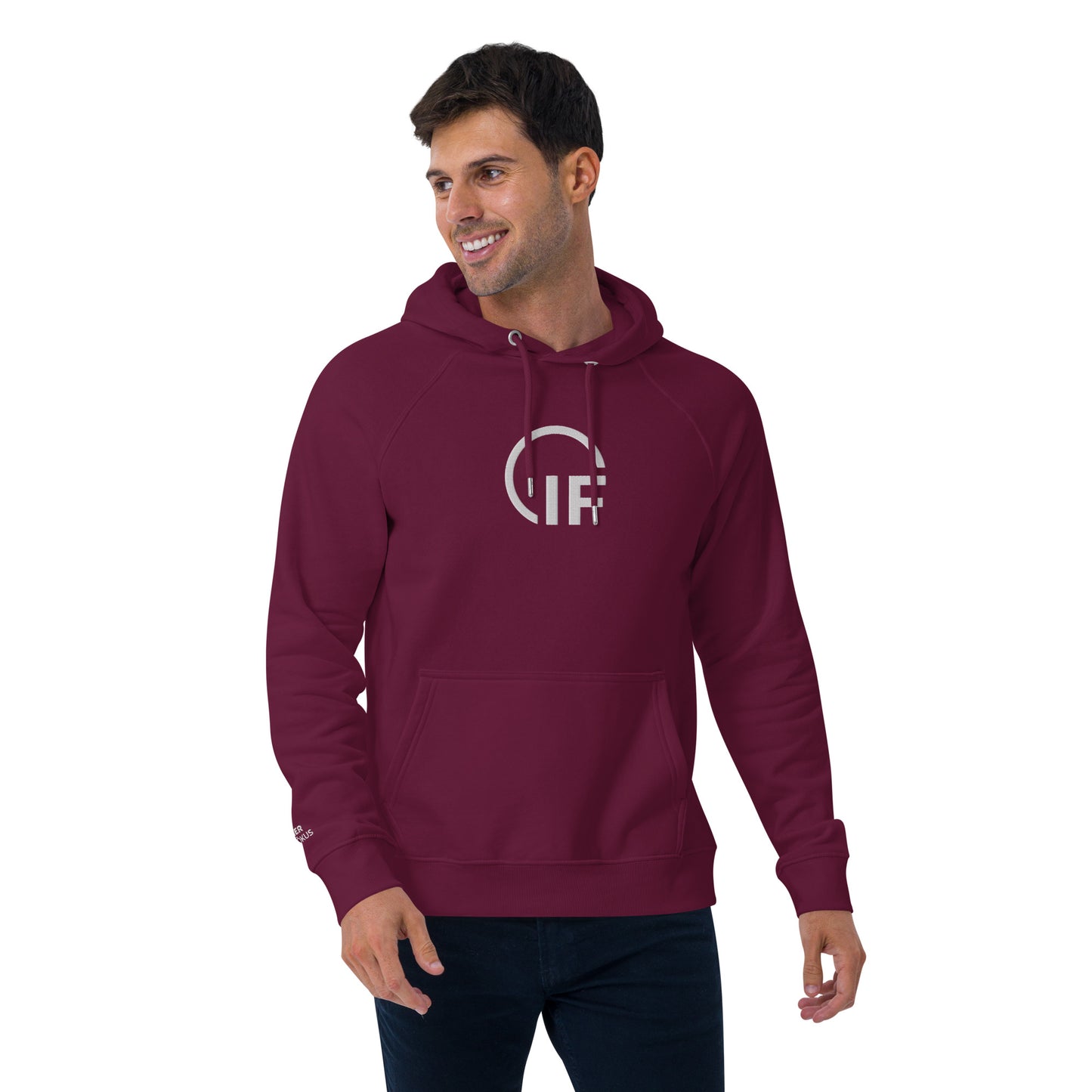 Unisex eco raglan hoodie  (Large Embroidered IF Chest Logo - White Thread)