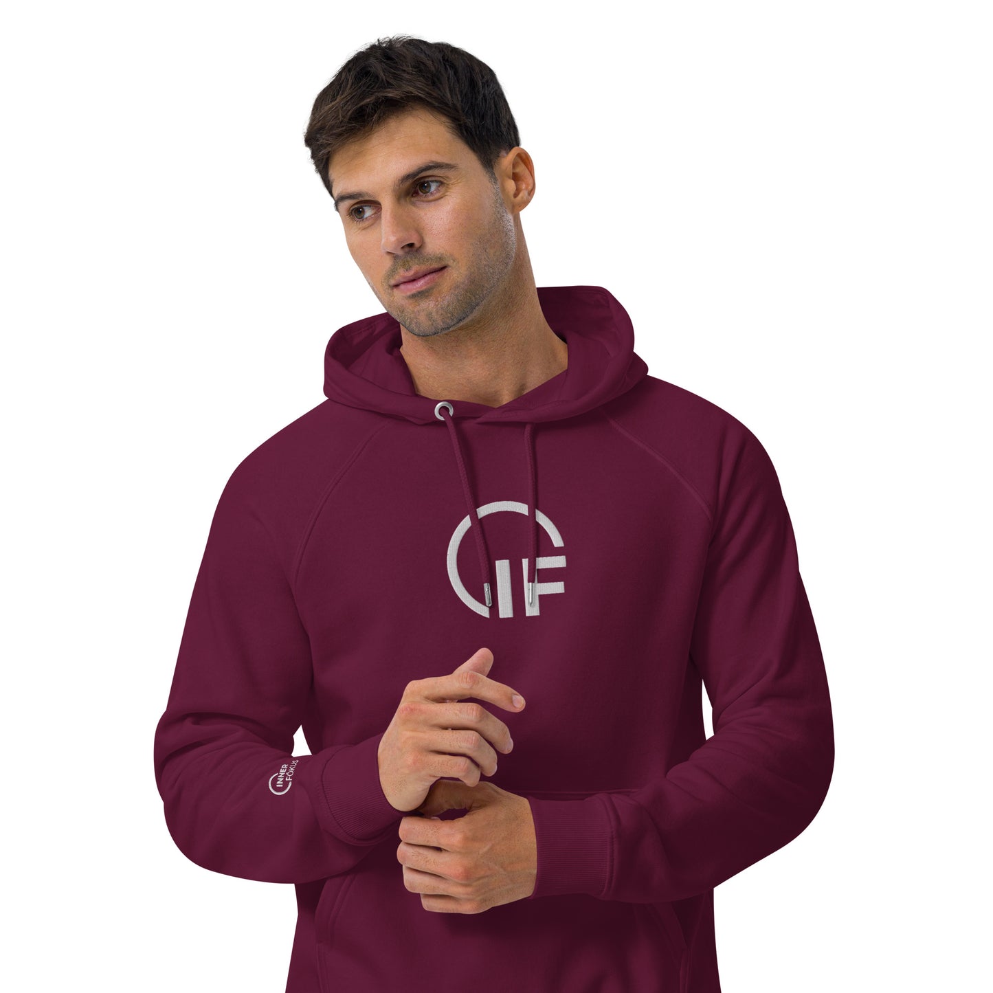 Unisex eco raglan hoodie  (Large Embroidered IF Chest Logo - White Thread)