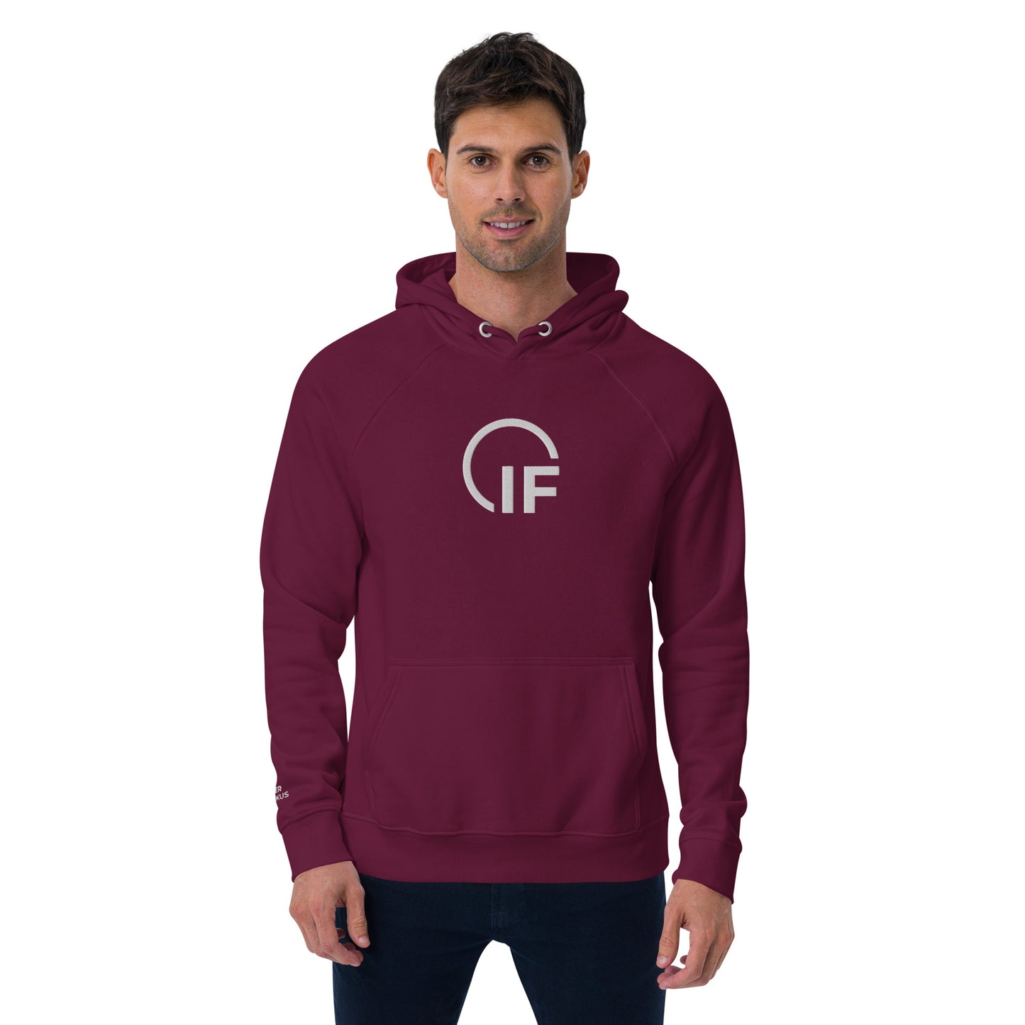 Unisex eco raglan hoodie  (Large Embroidered IF Chest Logo - White Thread)