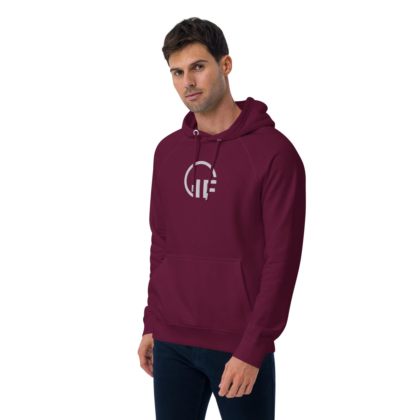 Unisex eco raglan hoodie  (Large Embroidered IF Chest Logo - White Thread)