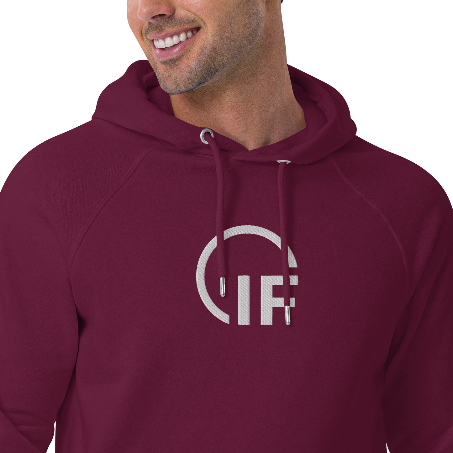 Unisex eco raglan hoodie  (Large Embroidered IF Chest Logo - White Thread)