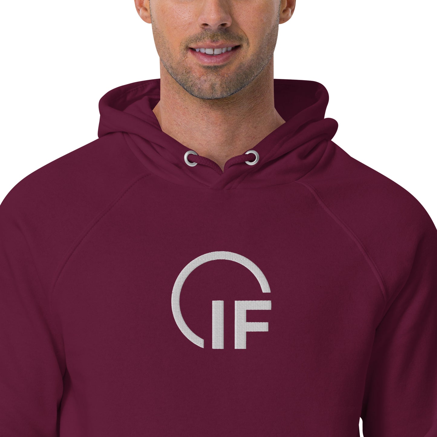 Unisex eco raglan hoodie  (Large Embroidered IF Chest Logo - White Thread)