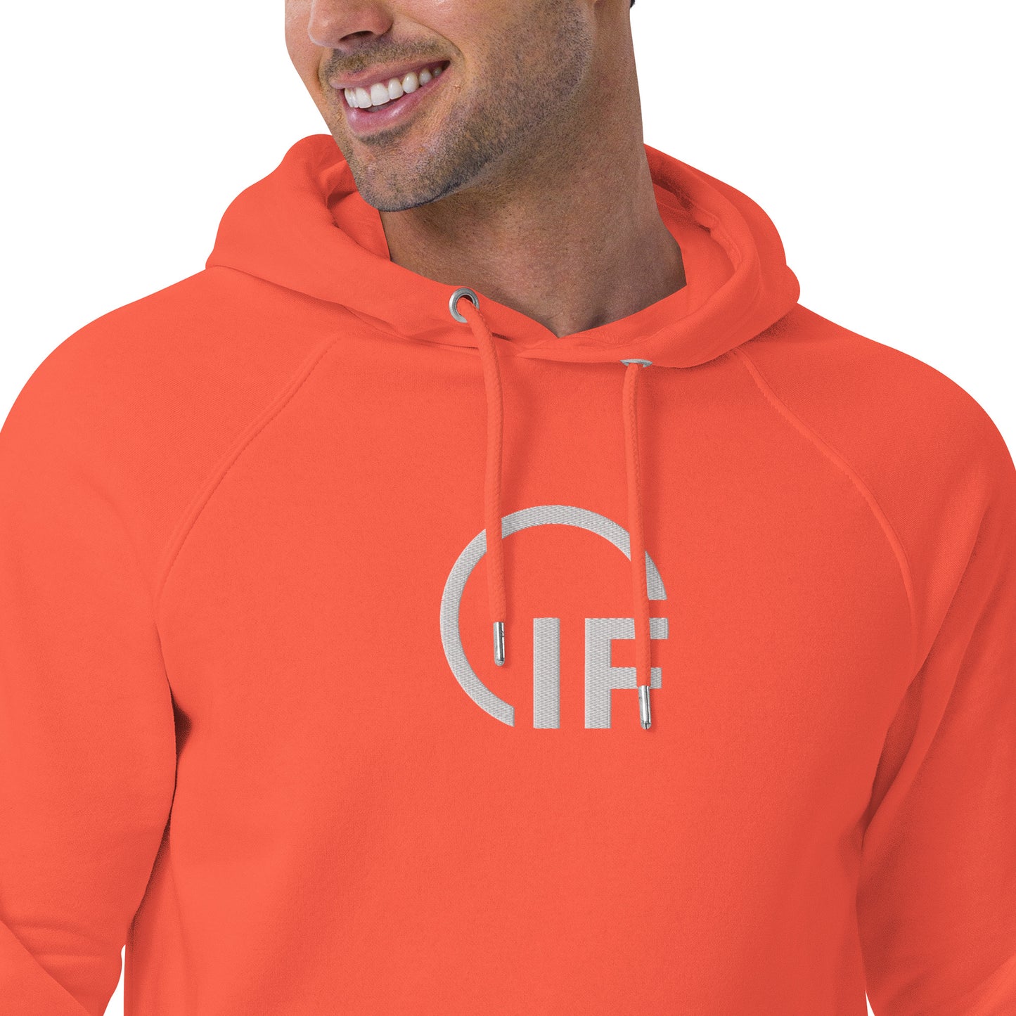 Unisex eco raglan hoodie  (Large Embroidered IF Chest Logo - White Thread)
