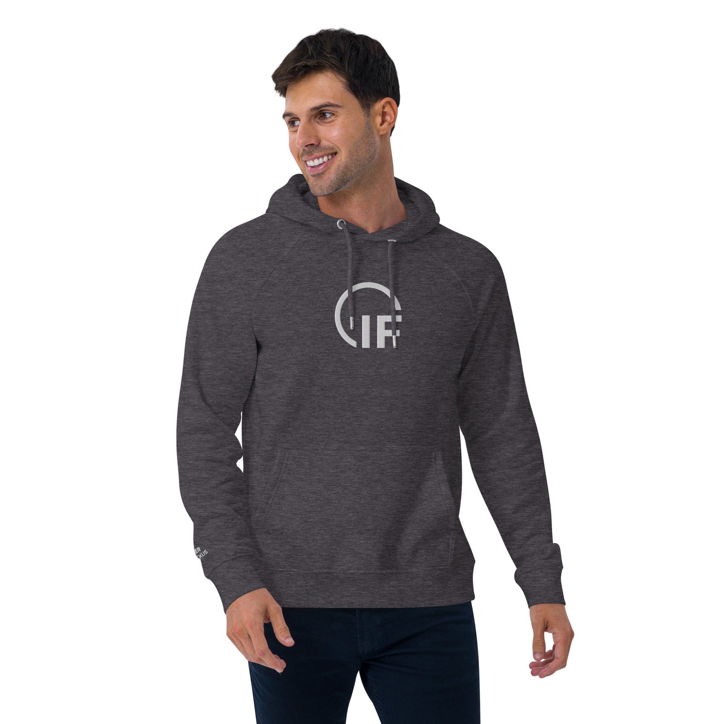 Unisex eco raglan hoodie  (Large Embroidered IF Chest Logo - White Thread)