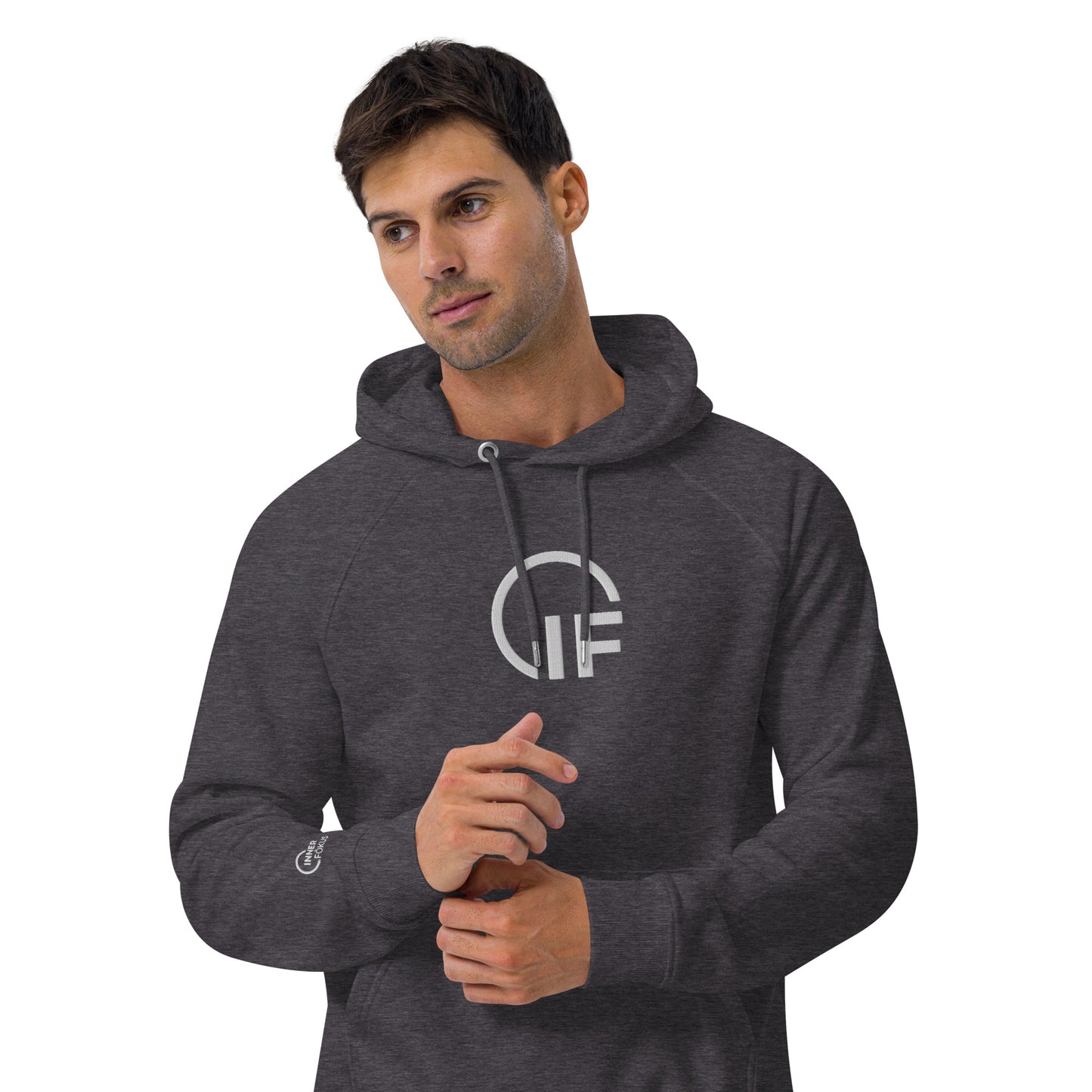 Unisex eco raglan hoodie  (Large Embroidered IF Chest Logo - White Thread)