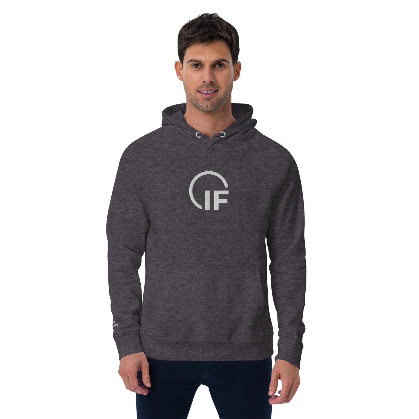 Unisex eco raglan hoodie  (Large Embroidered IF Chest Logo - White Thread)