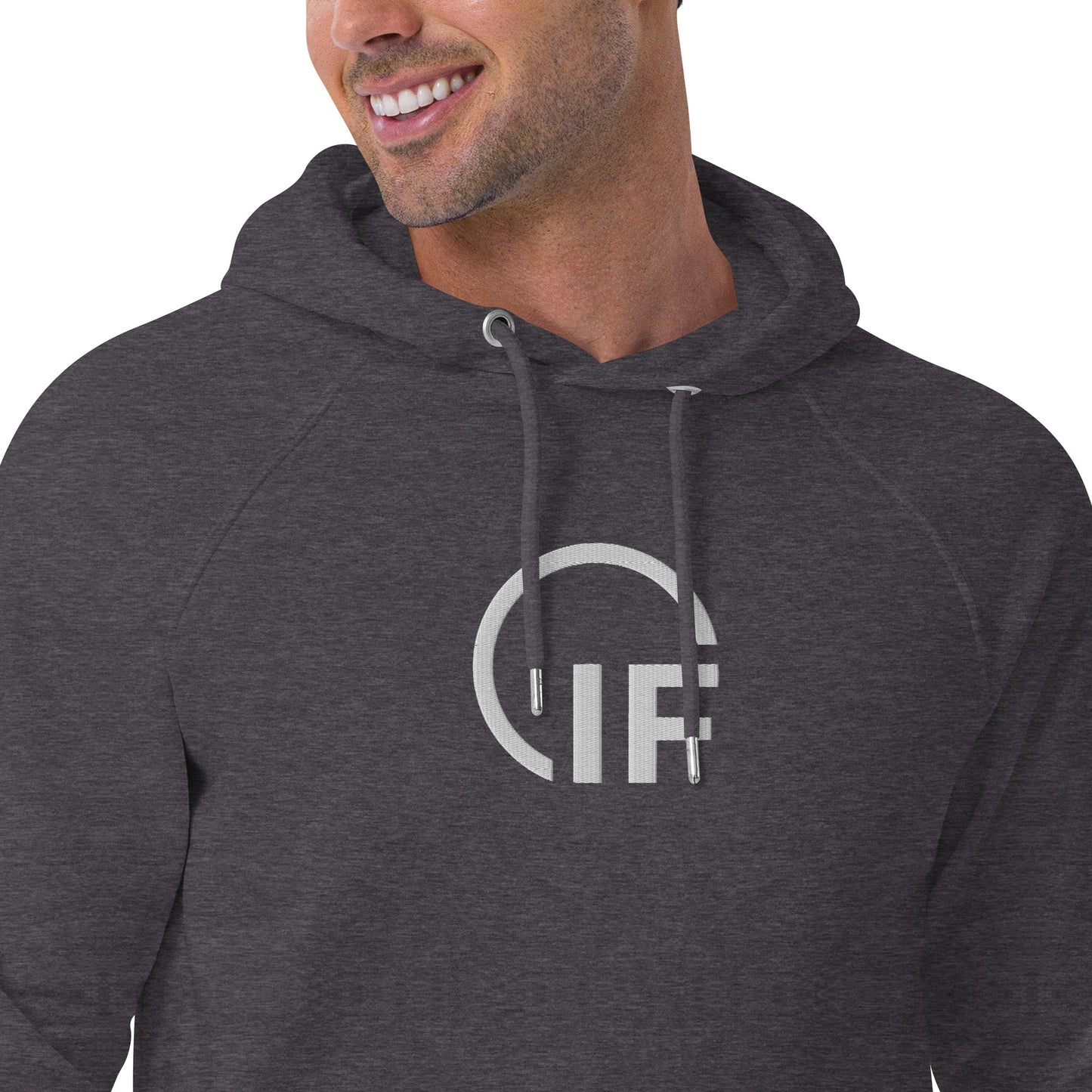 Unisex eco raglan hoodie  (Large Embroidered IF Chest Logo - White Thread)