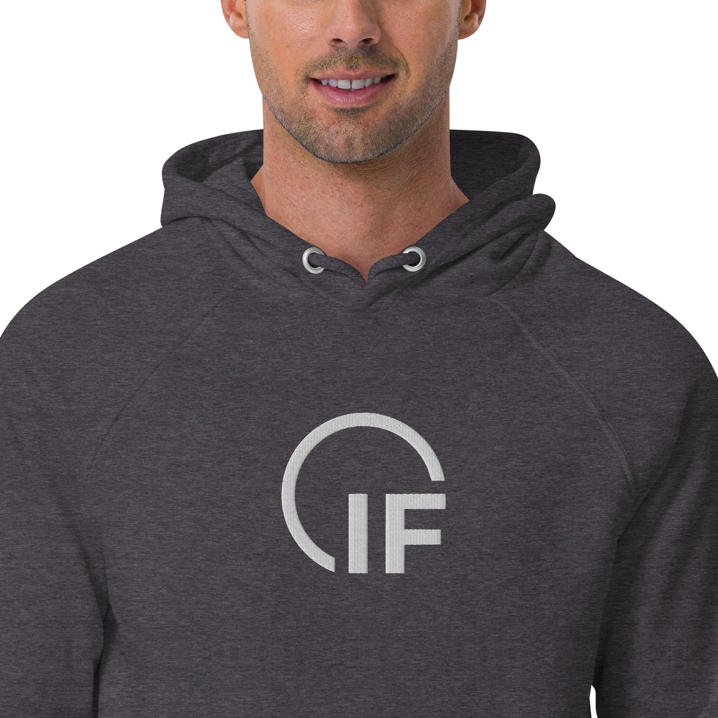 Unisex eco raglan hoodie  (Large Embroidered IF Chest Logo - White Thread)