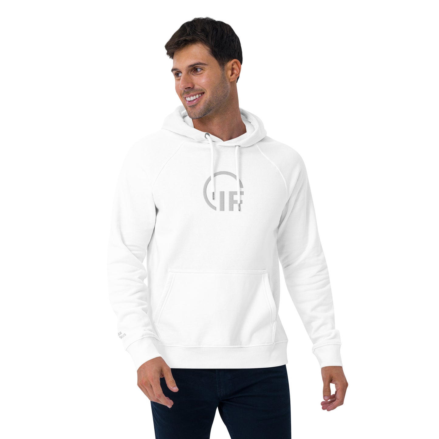 Unisex eco raglan hoodie  (Large Embroidered IF Chest Logo - White Thread)