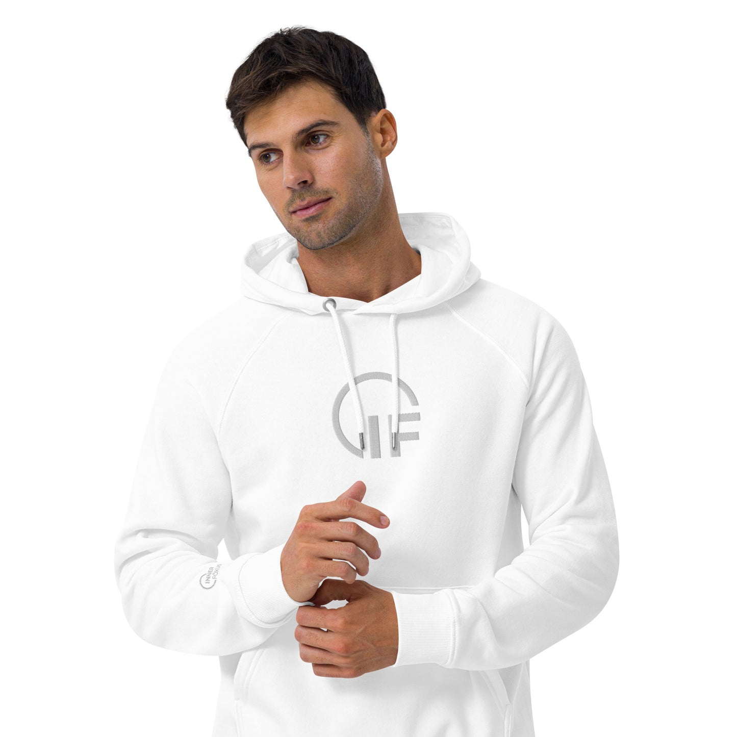Unisex eco raglan hoodie  (Large Embroidered IF Chest Logo - White Thread)