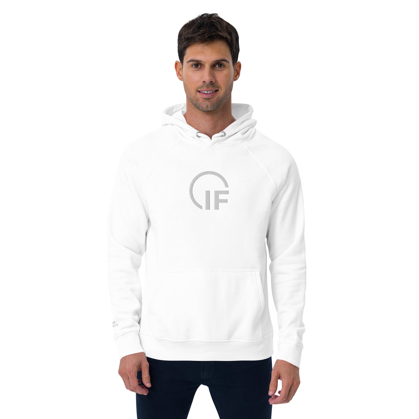 Unisex eco raglan hoodie  (Large Embroidered IF Chest Logo - White Thread)