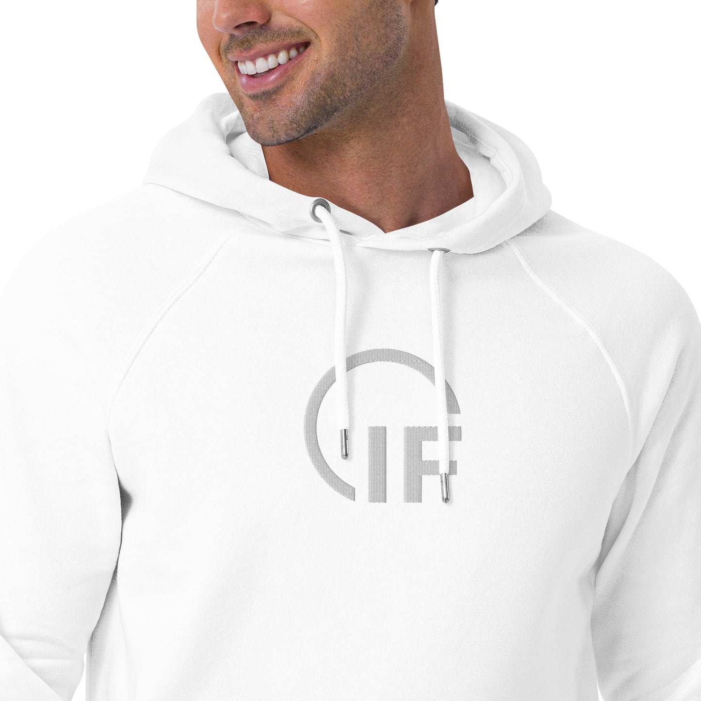 Unisex eco raglan hoodie  (Large Embroidered IF Chest Logo - White Thread)
