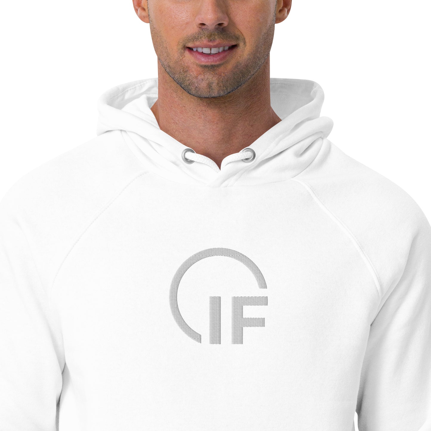Unisex eco raglan hoodie  (Large Embroidered IF Chest Logo - White Thread)